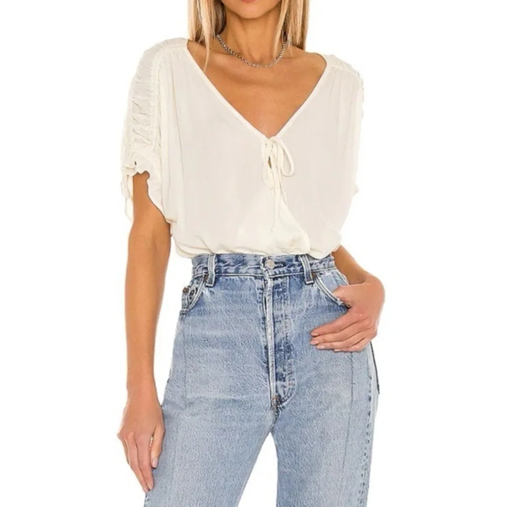 Free People Intimately Ruched Short Sleeve Cream Bodysuit | Size: Small